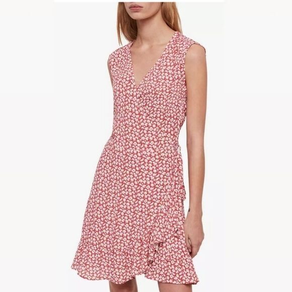 All Saints Dress Women's Medium Red Floral Krystal Wrap Mini Ruffle V Neck Large - Picture 1 of 13